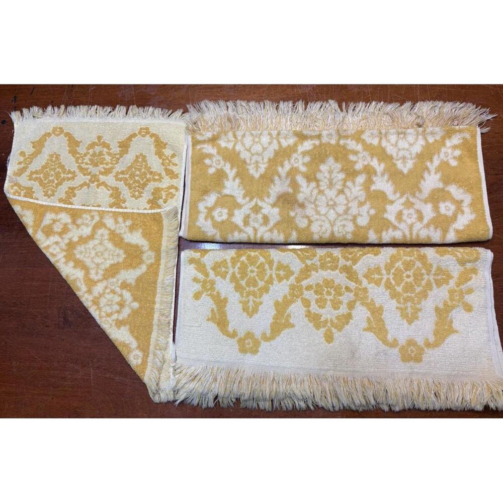 Vtg Cannon Monticello Bath (2) & Hand (1) Towels Floral 3pc Gold/Yellow Fringe